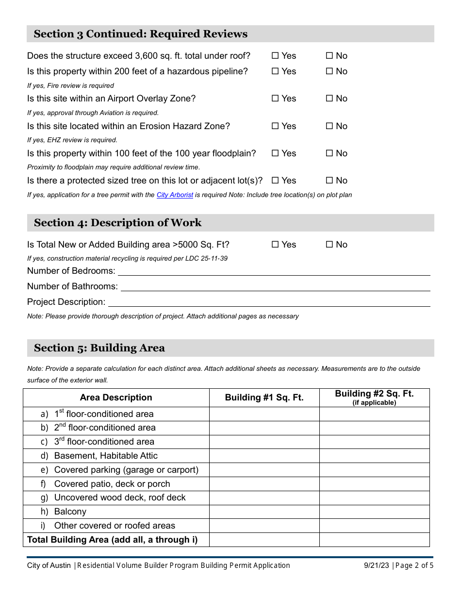 Building Permit Application - Residential Volume Builder Program - City of Austin, Texas, Page 2