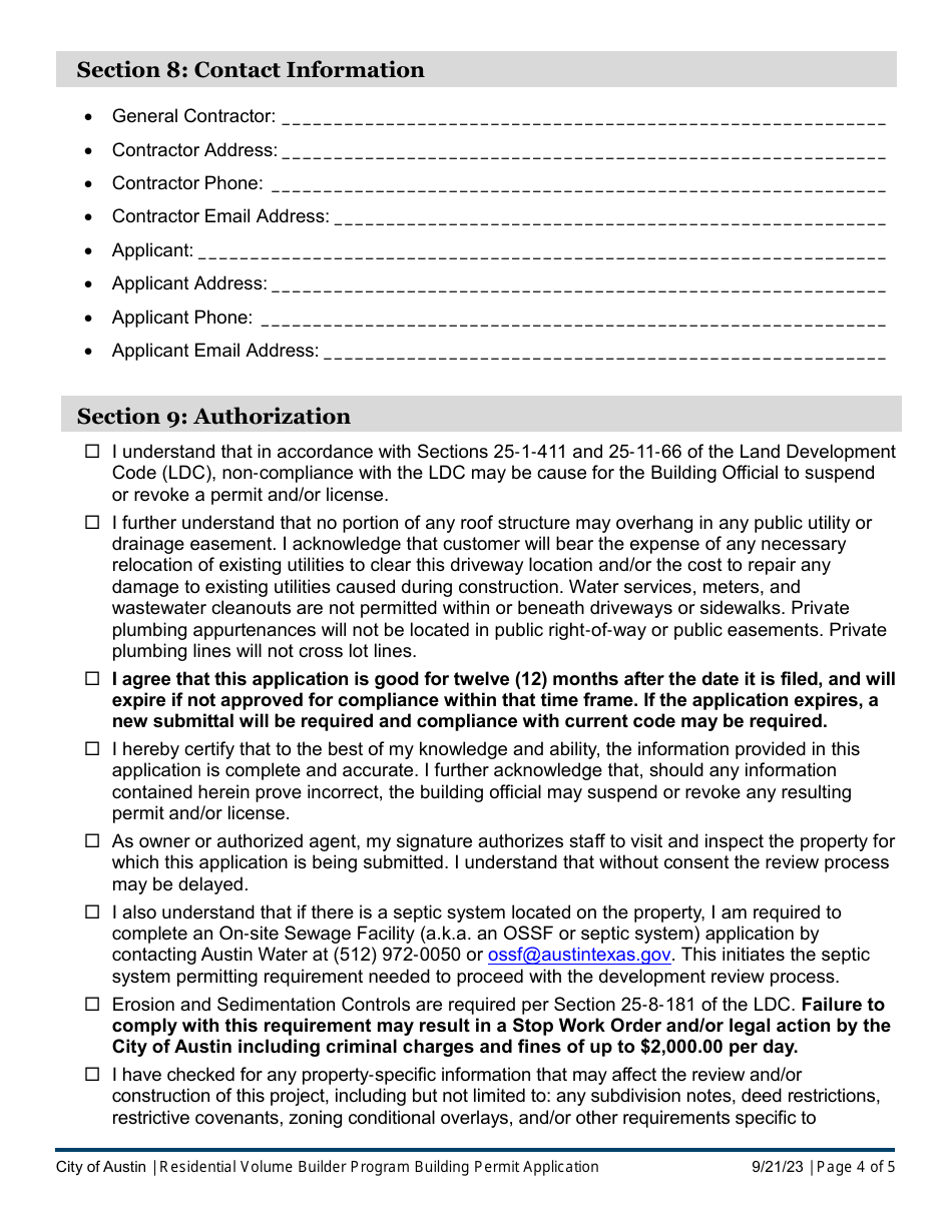 Building Permit Application - Residential Volume Builder Program - City of Austin, Texas, Page 4