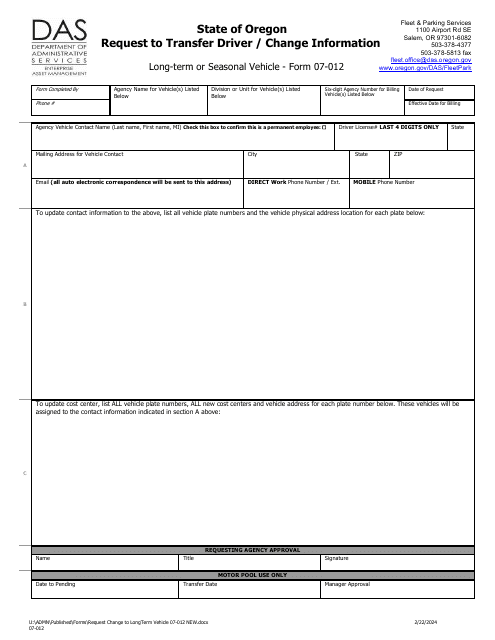 Form 07-012 Request to Transfer Driver/Change Information - Long-Term or Seasonal Vehicle - Oregon