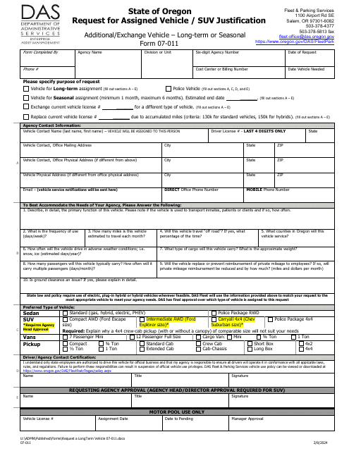 Form 07-011 Request for Assigned Vehicle/Suv Justification - Oregon