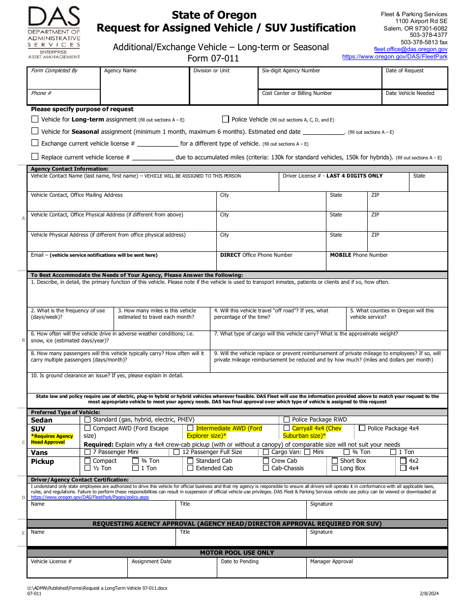 Form 07-011 Request for Assigned Vehicle / Suv Justification - Oregon, Page 1