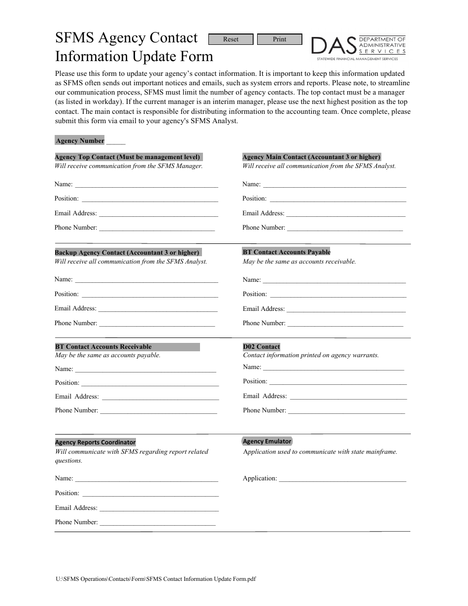 Sfms Agency Contact Information Update Form - Oregon, Page 1