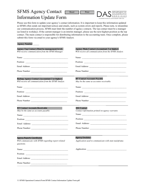 Sfms Agency Contact Information Update Form - Oregon Download Pdf