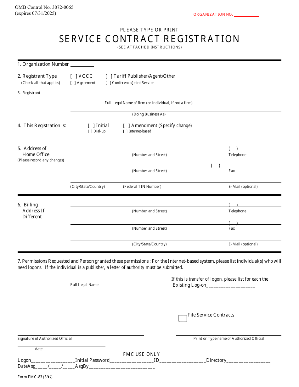 Form FMC-83 Service Contract Registration, Page 1
