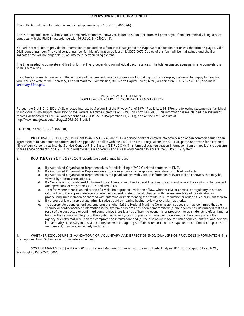 Form FMC-83 Service Contract Registration, Page 3