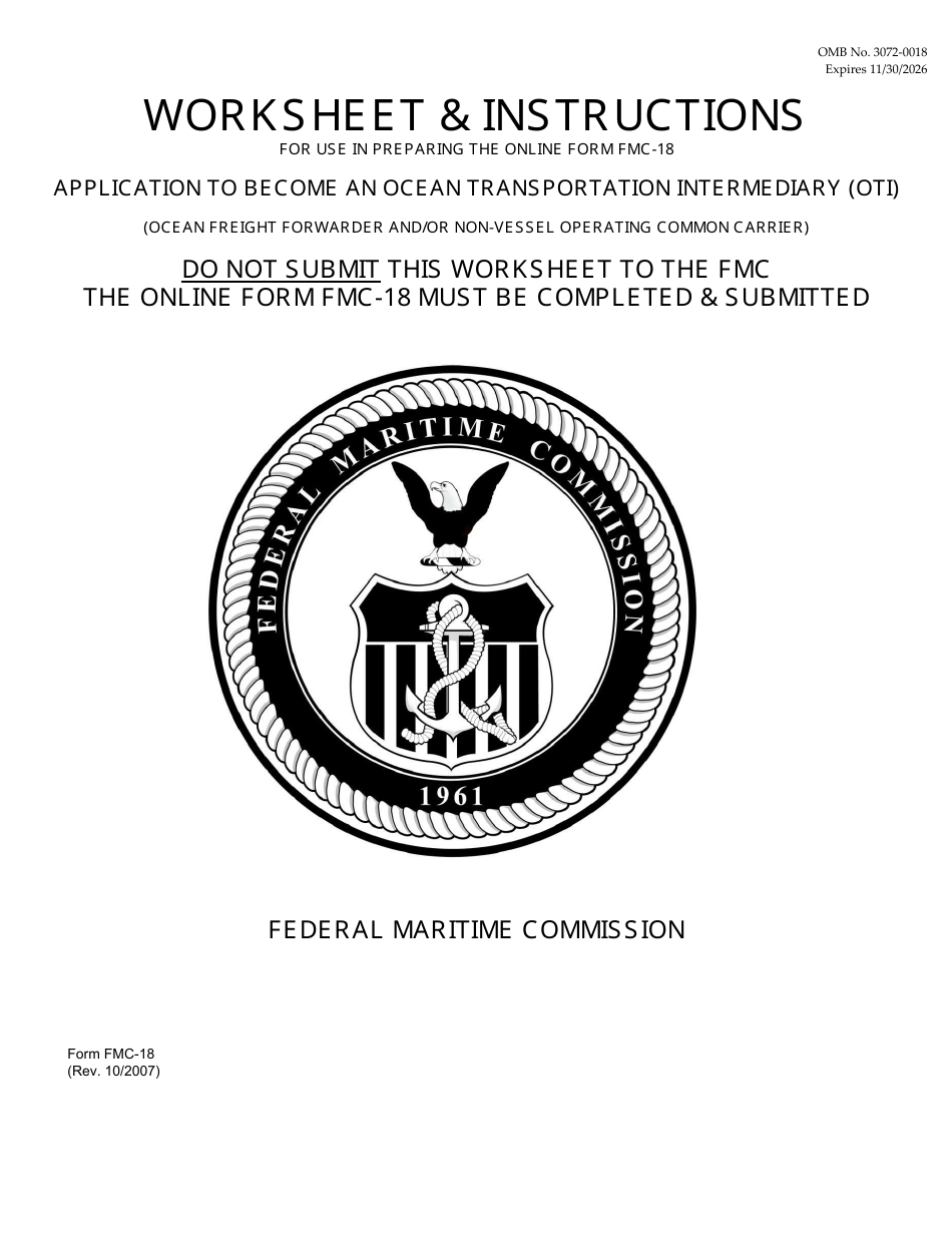 Form FMC-18 Ocean Transportation Intermediary License Application Worksheet, Page 1
