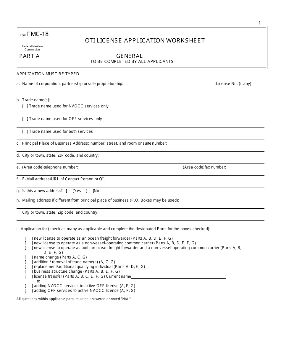 Form FMC-18 Ocean Transportation Intermediary License Application Worksheet, Page 8