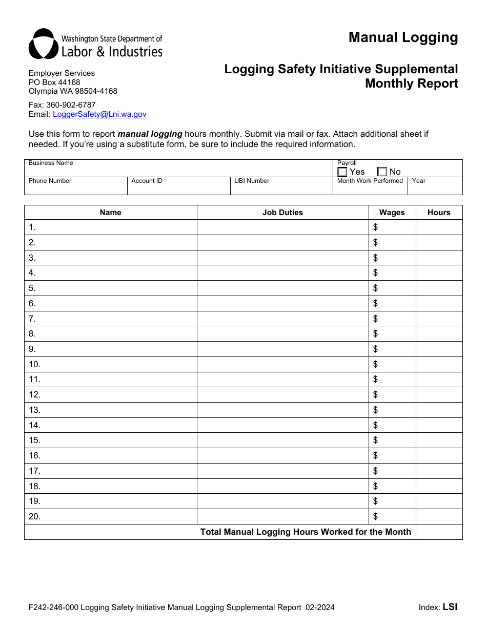 Form F242-246-000 Logging Safety Initiative Manual Logging Supplemental Report - Washington, Page 1