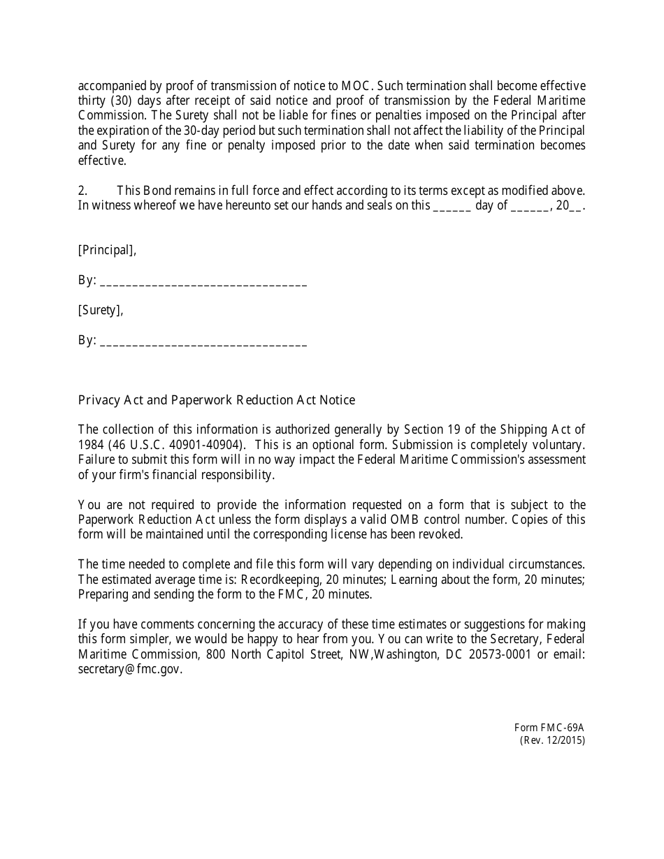 Form FMC-69A Optional Rider for Additional Nvocc Financial Responsibility for Group Bonds, Page 2