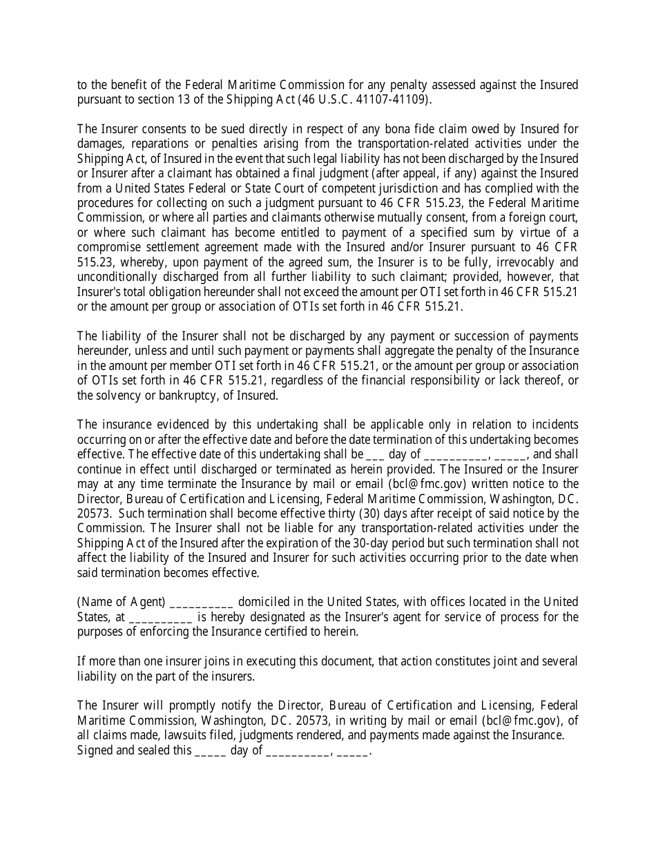 Form FMC-67 Ocean Transportation Intermediary (Oti) Insurance Form, Page 2