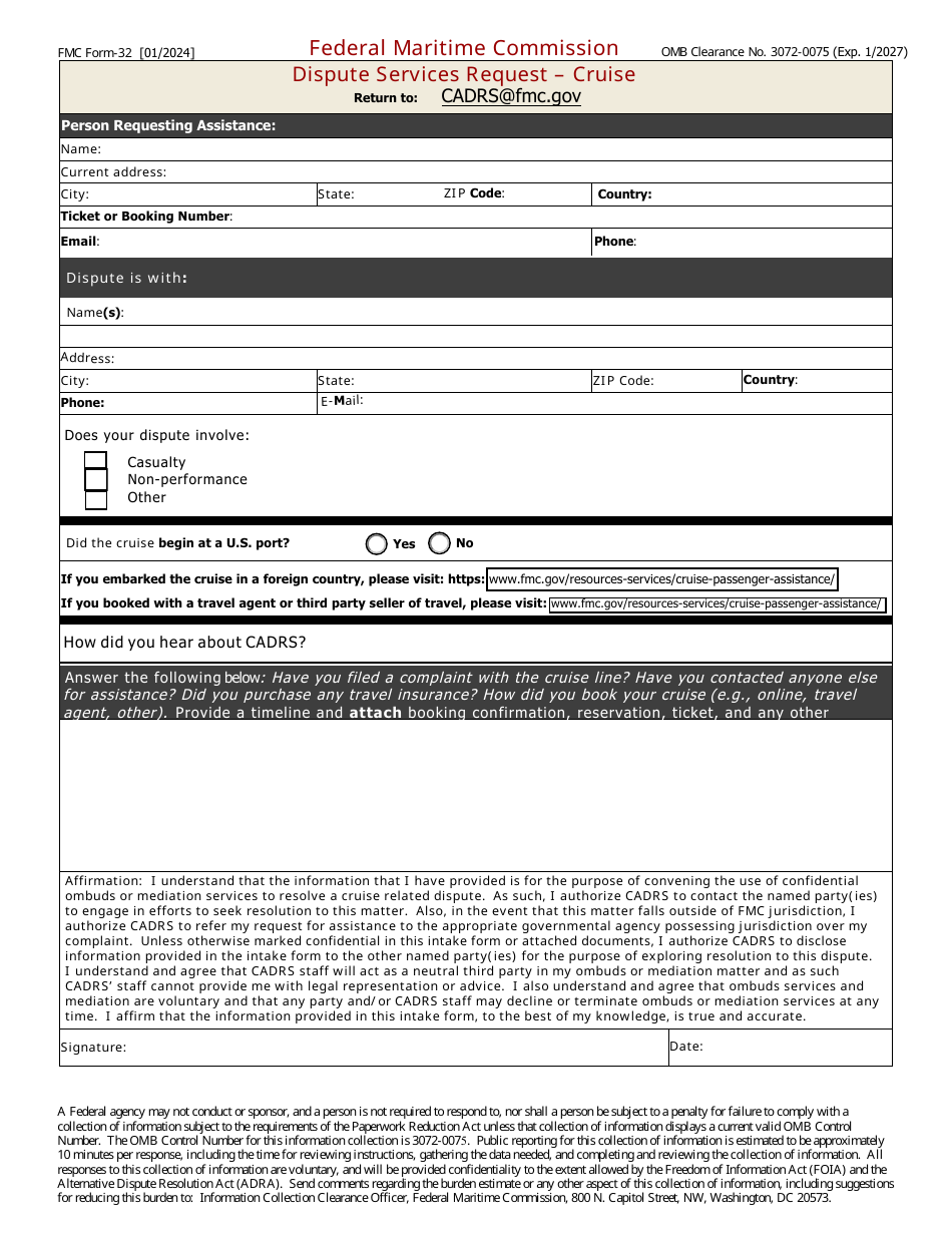 Form FMC-32 Dispute Services Request - Cruise, Page 1