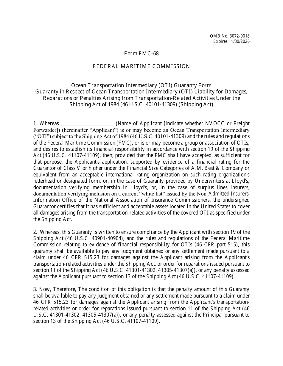 Form FMC-68 Ocean Transportation Intermediary (Oti) Guaranty Form, Page 1