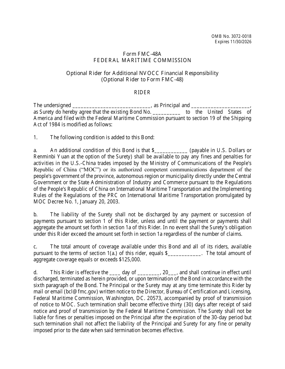 Form FMC-48A Optional Rider for Additional Nvocc Financial Responsibility, Page 1