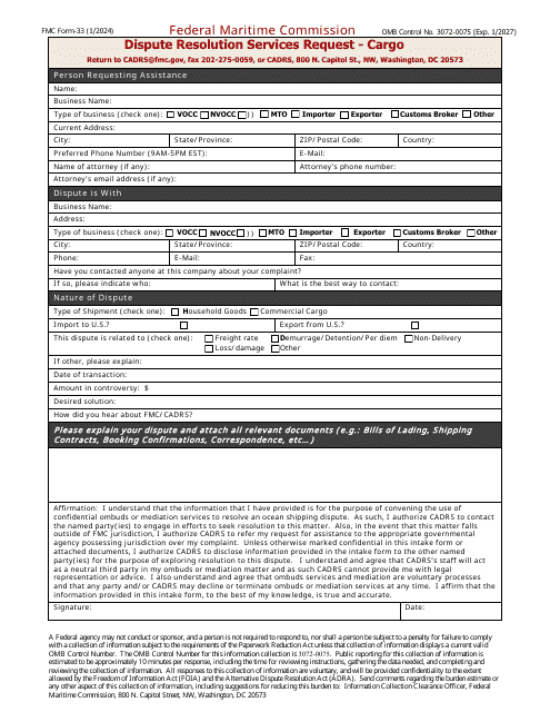 Form FMC-33 Dispute Resolution Services Request - Cargo