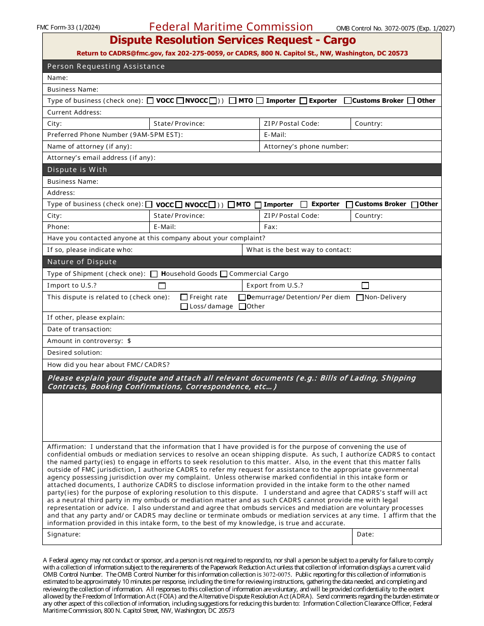 Form FMC-33 Dispute Resolution Services Request - Cargo, Page 1