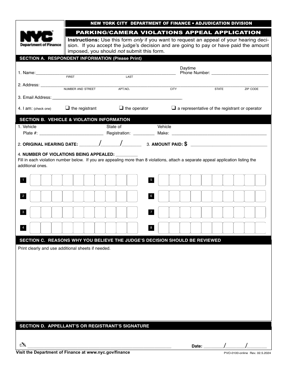 Form PVO-0100 Parking / Camera Violations Appeal Application - New York City, Page 1