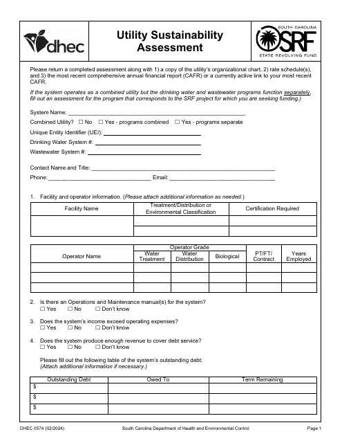 DHEC Form 0574 Utility Sustainability Assessment - South Carolina