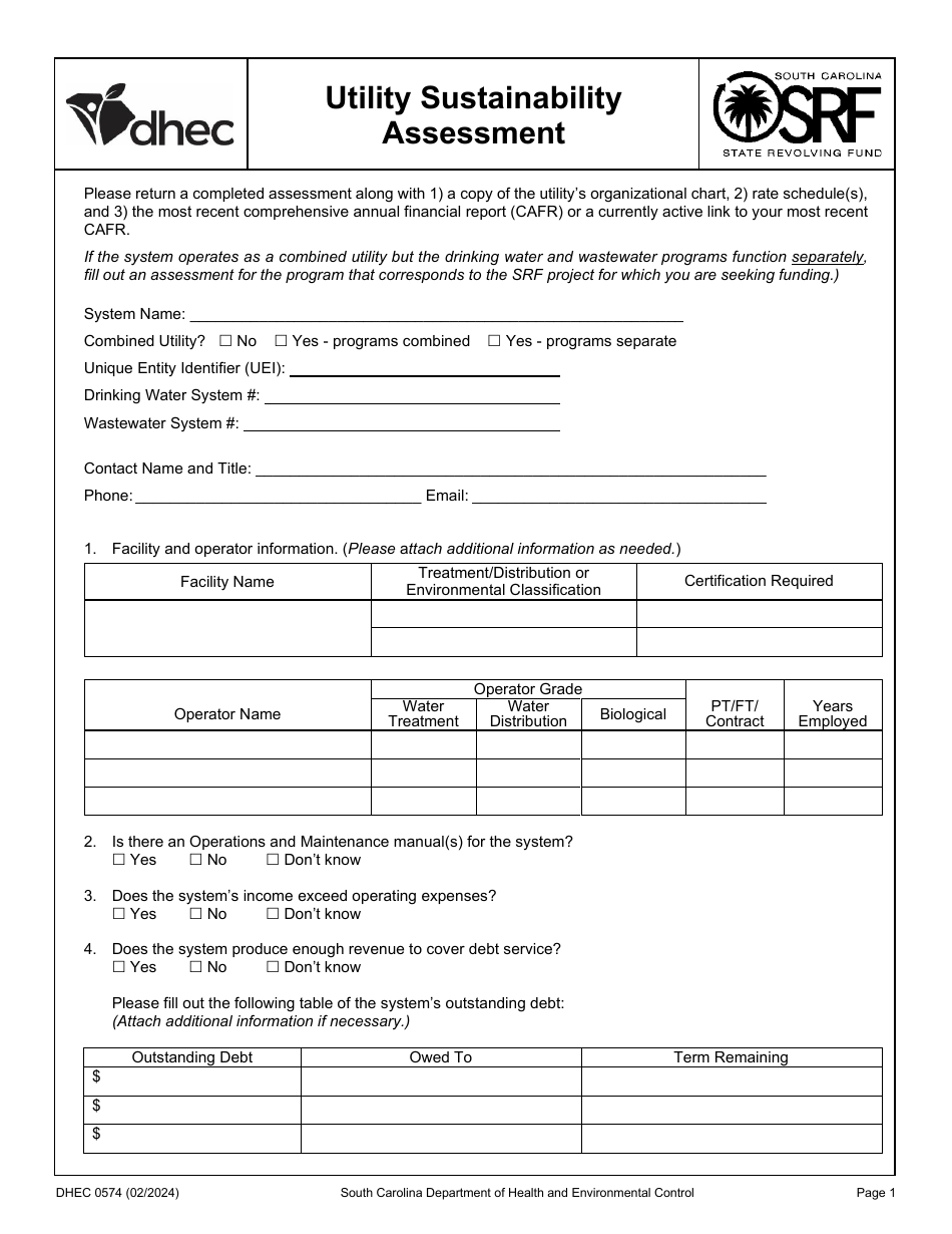 DHEC Form 0574 Utility Sustainability Assessment - South Carolina, Page 1