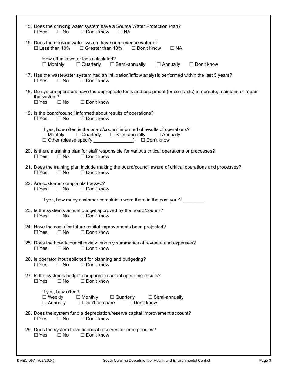 DHEC Form 0574 Utility Sustainability Assessment - South Carolina, Page 3