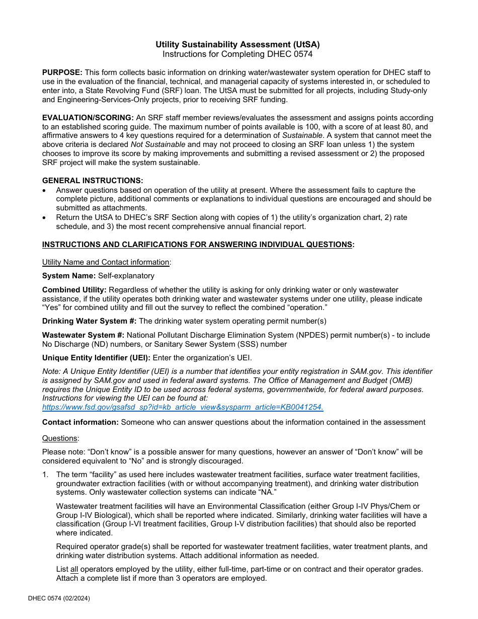 DHEC Form 0574 Utility Sustainability Assessment - South Carolina, Page 5