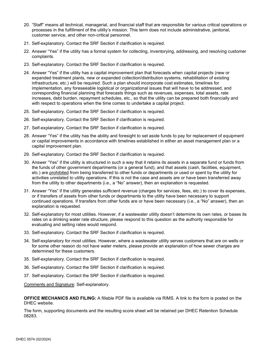 DHEC Form 0574 Utility Sustainability Assessment - South Carolina, Page 7