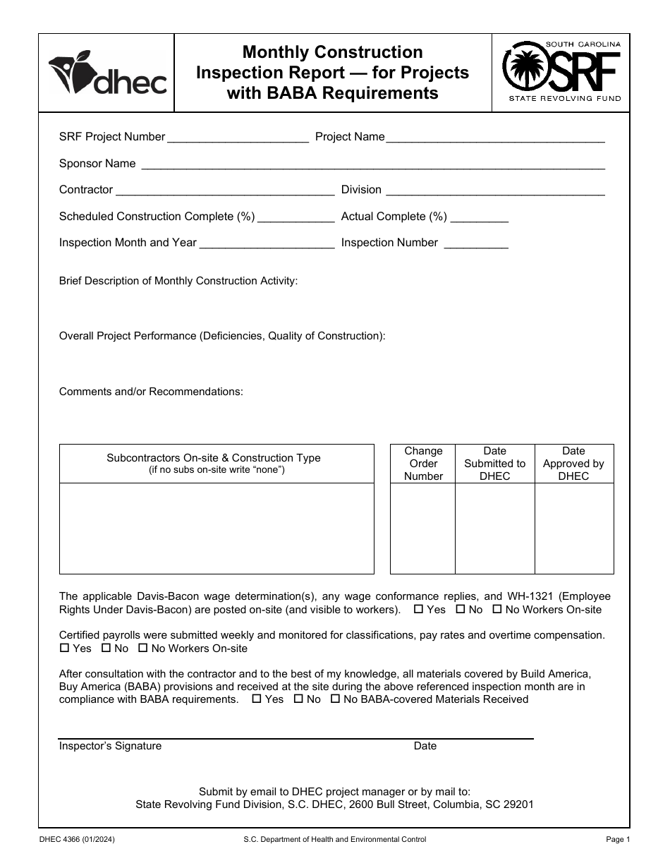 DHEC Form 4366 Download Fillable PDF or Fill Online Monthly ...