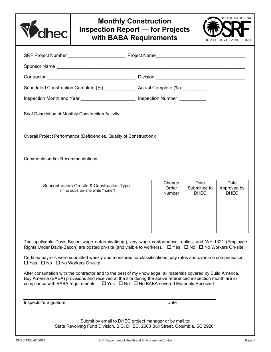 DHEC Form 4366 Monthly Construction Inspection Report - for Projects With Baba Requirements - South Carolina, Page 1