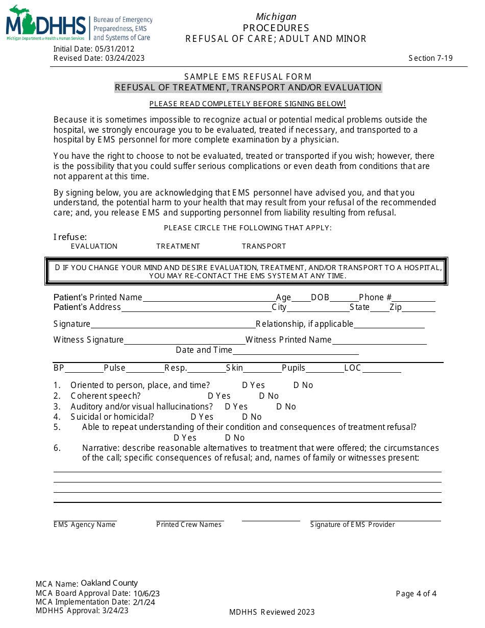 Refusal of Care - Adult and Minor - Oakland County, Michigan, Page 4