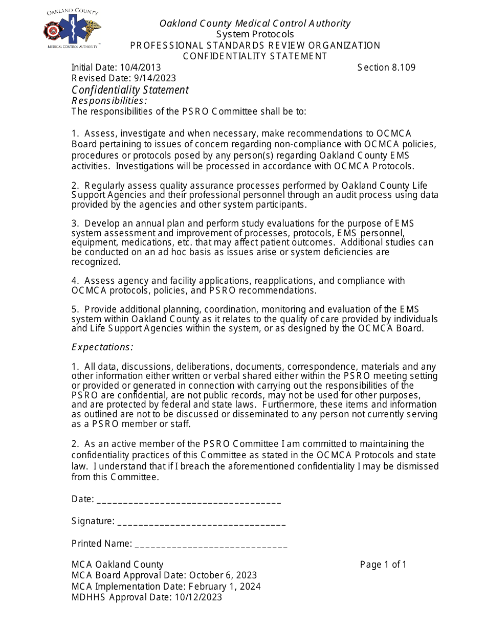 Professional Standards Review Organization Confidentiality Statement - Oakland County, Michigan, Page 1