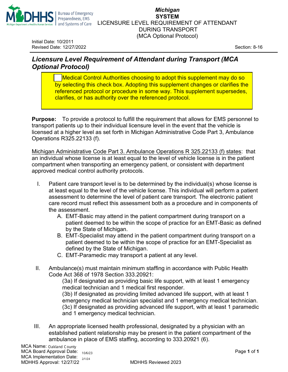 Licensure Level Requirement of Attendant During Transport - Oakland County, Michigan, Page 1
