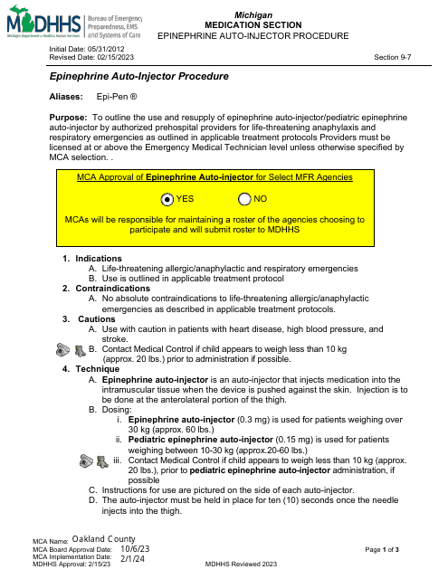 Epinephrine Auto-injector Procedure - Oakland County, Michigan Download Pdf