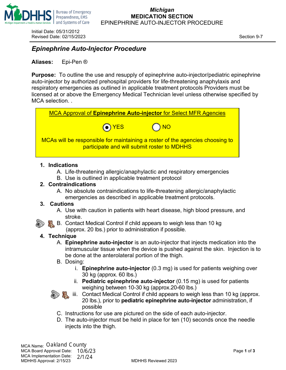 Epinephrine Auto-injector Procedure - Oakland County, Michigan, Page 1