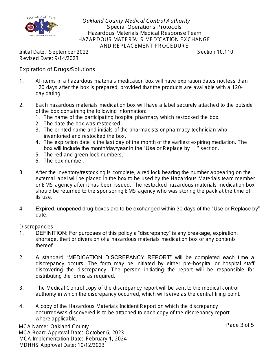 Hazardous Materials Medication Exchange and Replacement Procedure - Oakland County, Michigan, Page 3