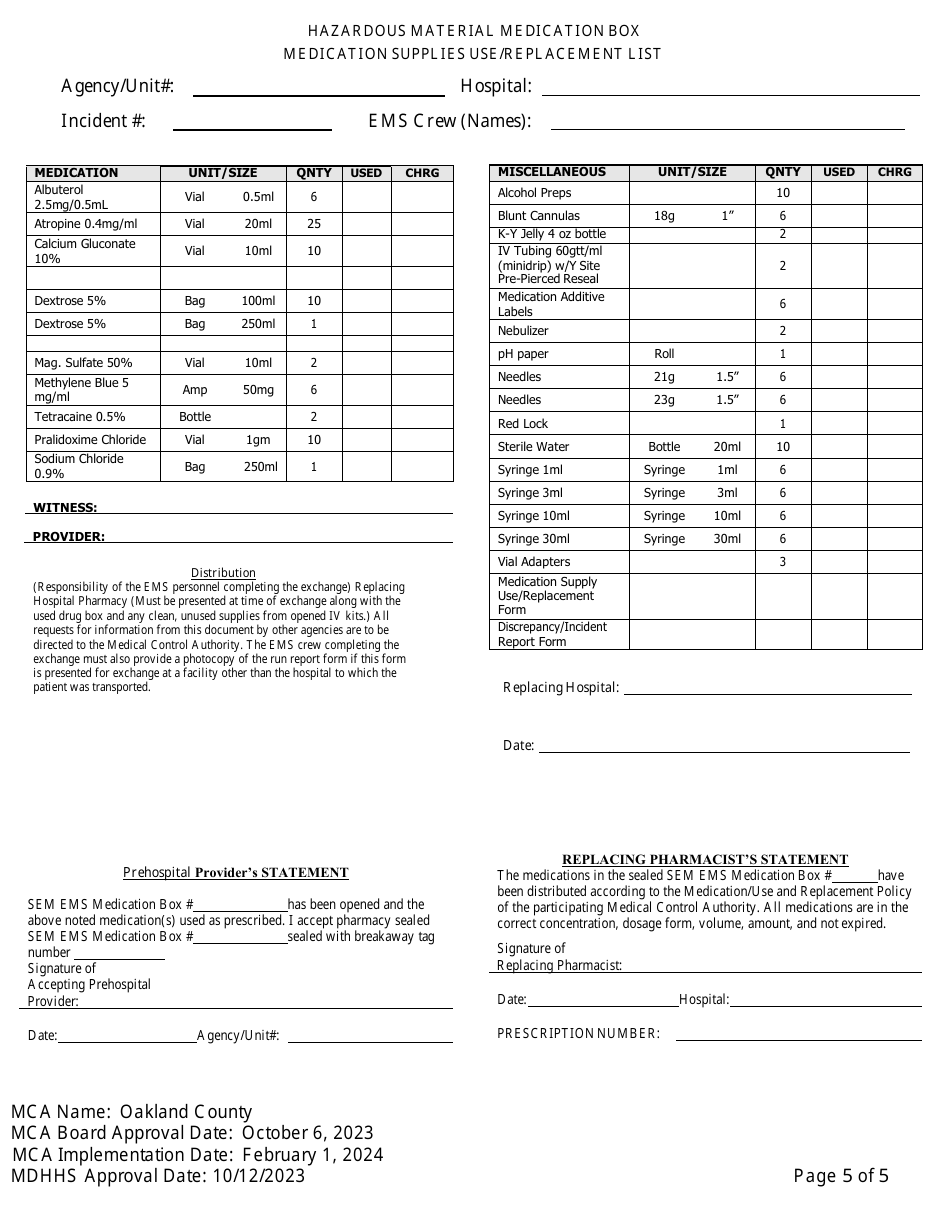 Hazardous Materials Medication Exchange and Replacement Procedure - Oakland County, Michigan, Page 5