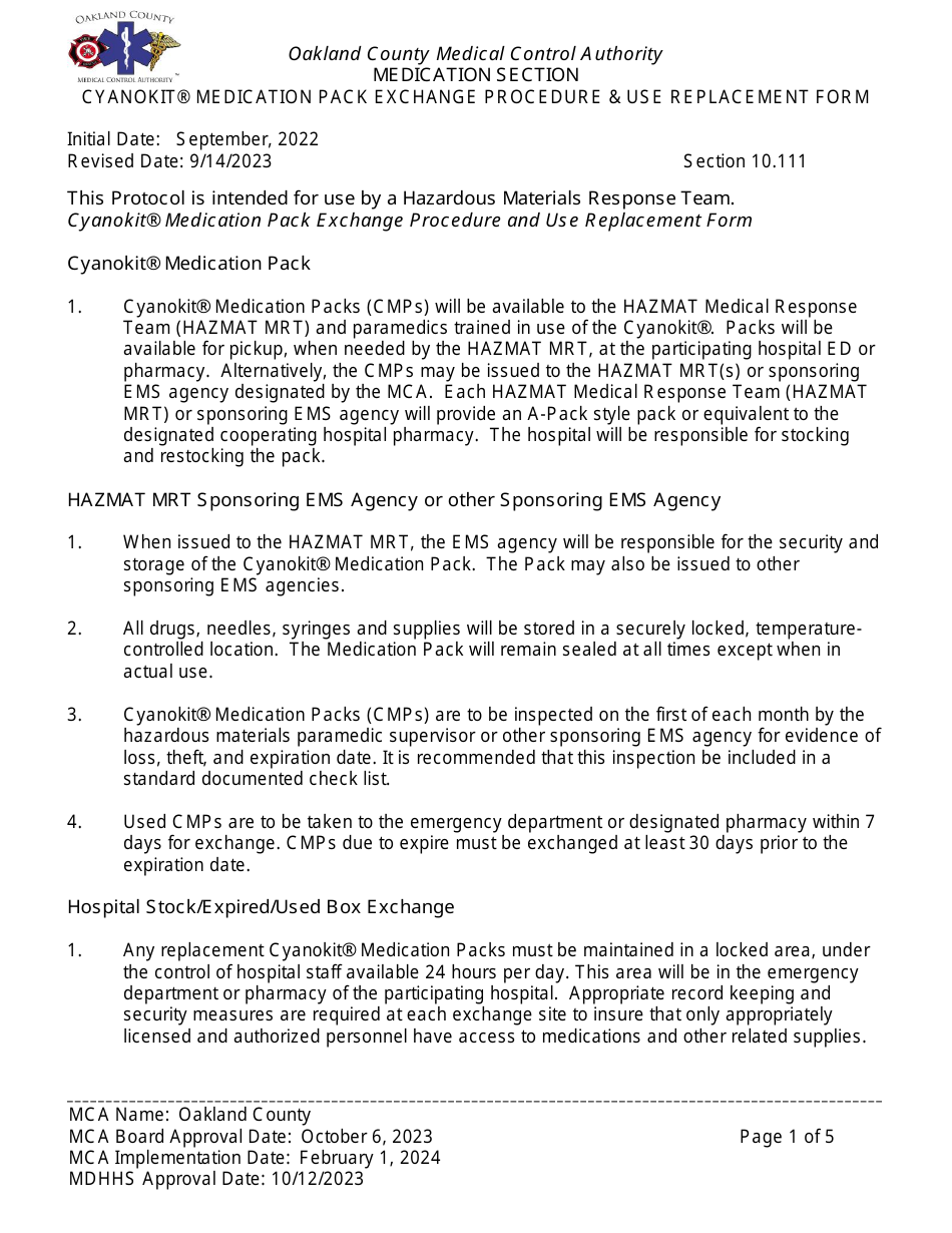 Cyanokit Medication Pack Exchange Procedure  Use Replacement Form - Oakland County, Michigan, Page 1