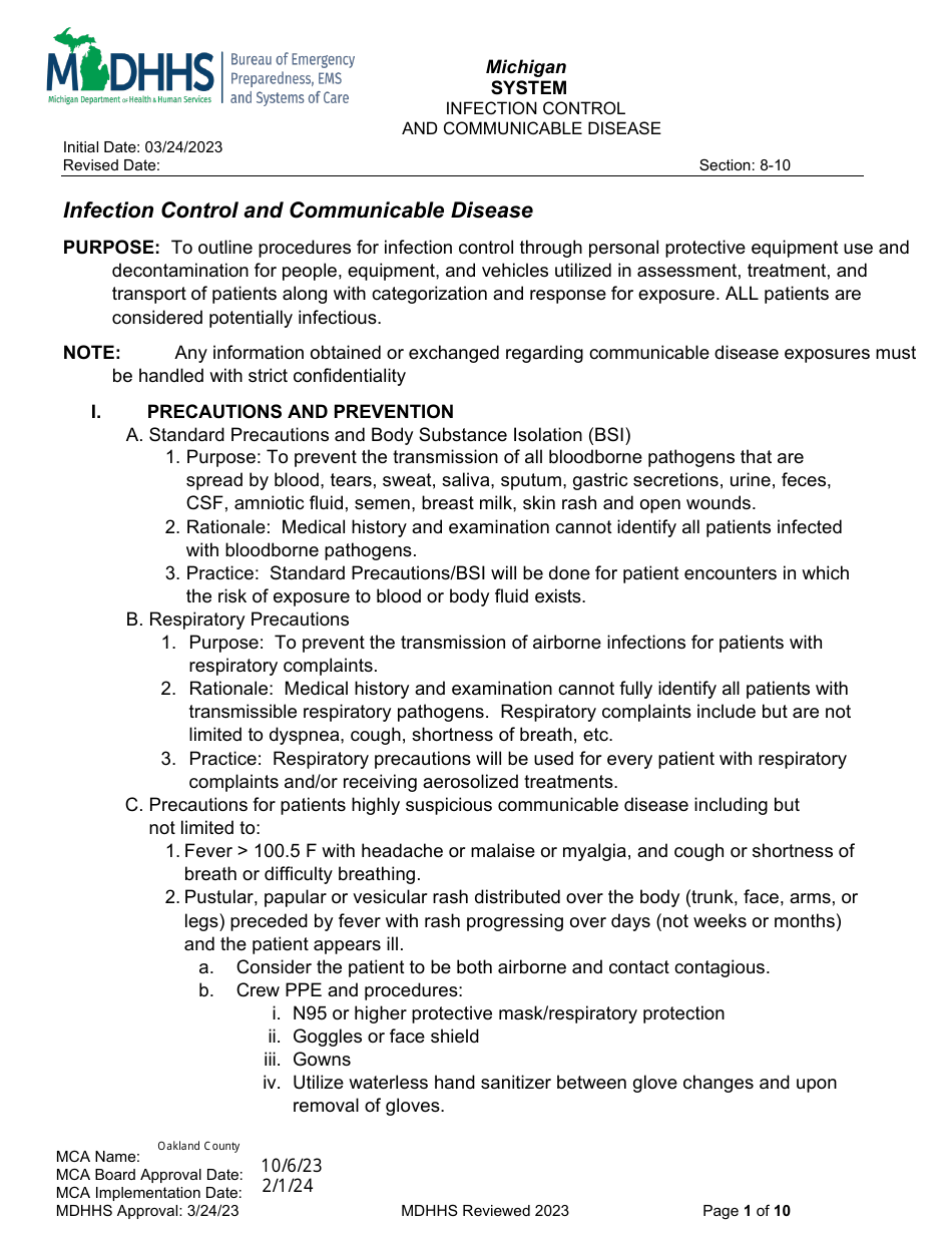 Infection Control and Communicable Disease - Oakland County, Michigan, Page 1