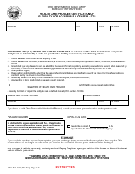 Form BMV4834 Health Care Provider Certification of Eligibility for Accessible License Plates - Ohio