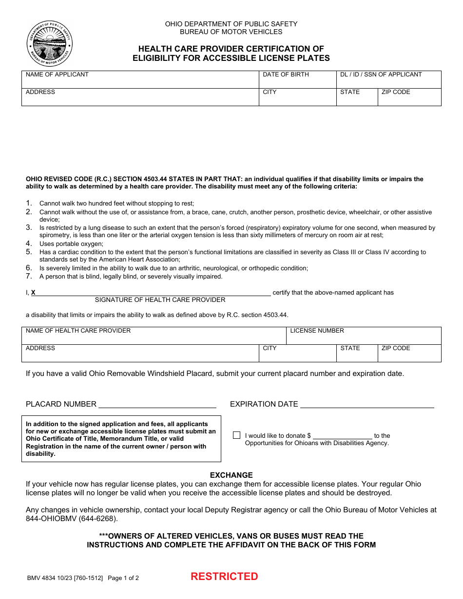 Form BMV4834 Health Care Provider Certification of Eligibility for Accessible License Plates - Ohio, Page 1