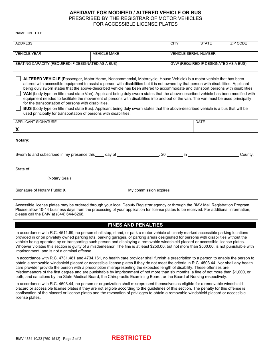Form BMV4834 Health Care Provider Certification of Eligibility for Accessible License Plates - Ohio, Page 2