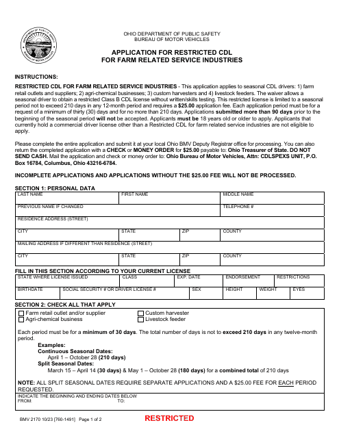 Form BMV2170 Application for Restricted Cdl for Farm Related Service Industries - Ohio