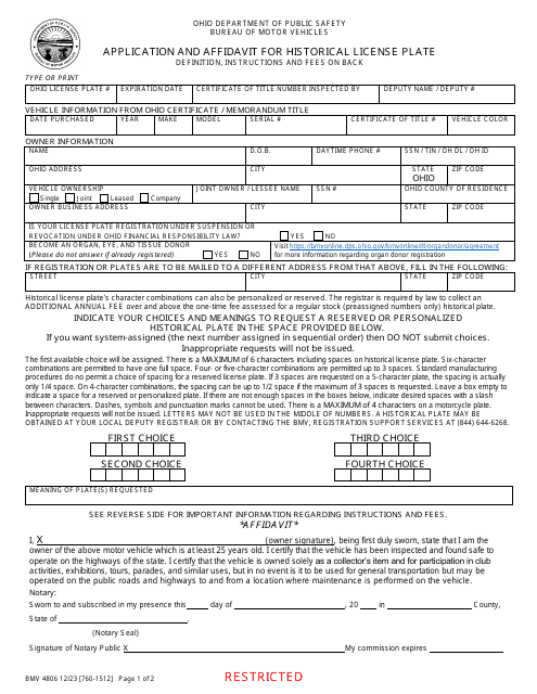 Form BMV4806 Application and Affidavit for Historical License Plate - Ohio