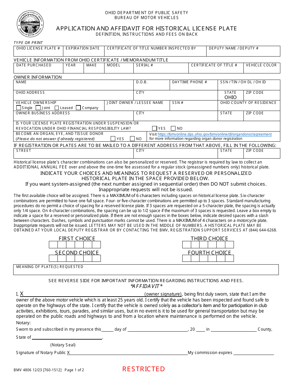 Form BMV4806 Application and Affidavit for Historical License Plate - Ohio, Page 1