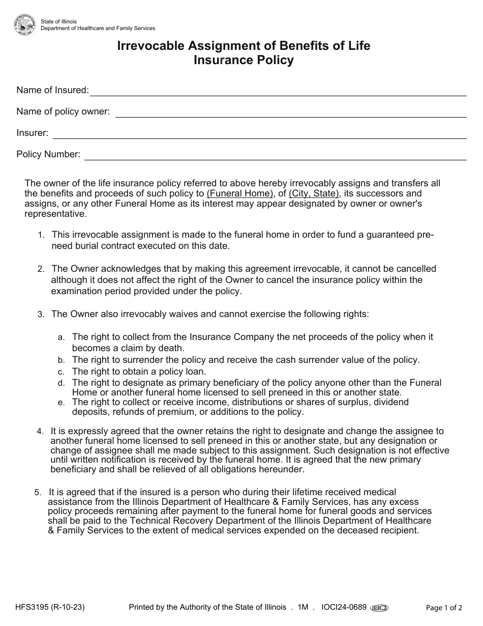 Form HFS3195 Irrevocable Assignment of Benefits of Life Insurance Policy - Illinois, Page 1