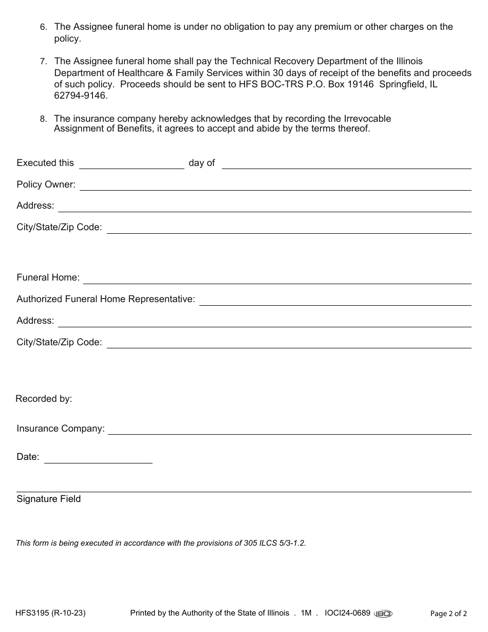 Form HFS3195 Irrevocable Assignment of Benefits of Life Insurance Policy - Illinois, Page 2