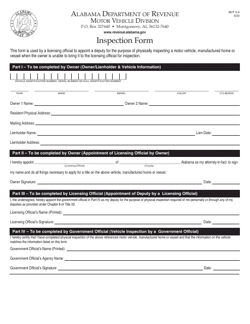 Form MVT5-9 Inspection Form - Alabama