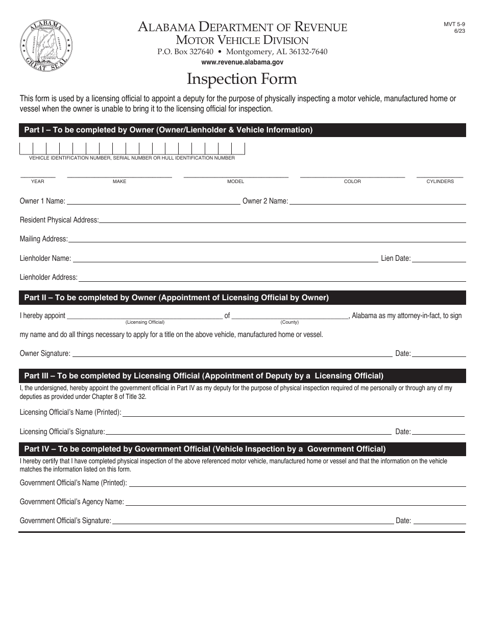 Form MVT5-9 Inspection Form - Alabama, Page 1