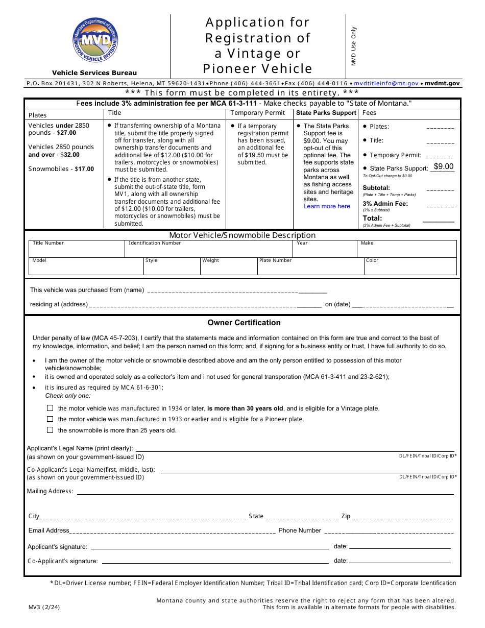 Form MV3 Application for Registration of a Vintage or Pioneer Vehicle - Montana, Page 1
