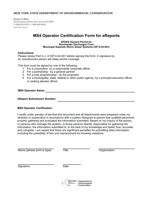 Ms4 Operator Certification Form for Ereports - New York Download Pdf