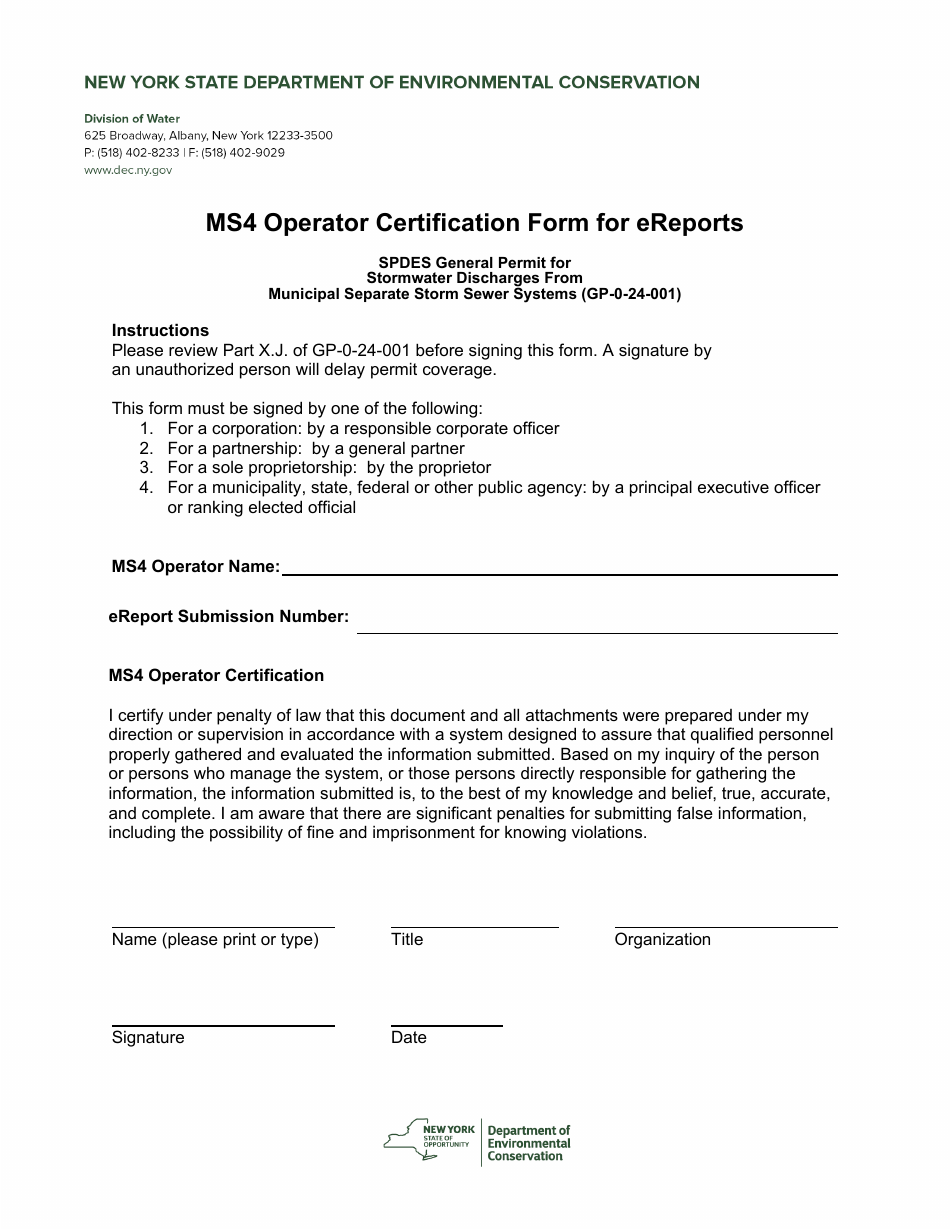 Ms4 Operator Certification Form for Ereports - New York, Page 1