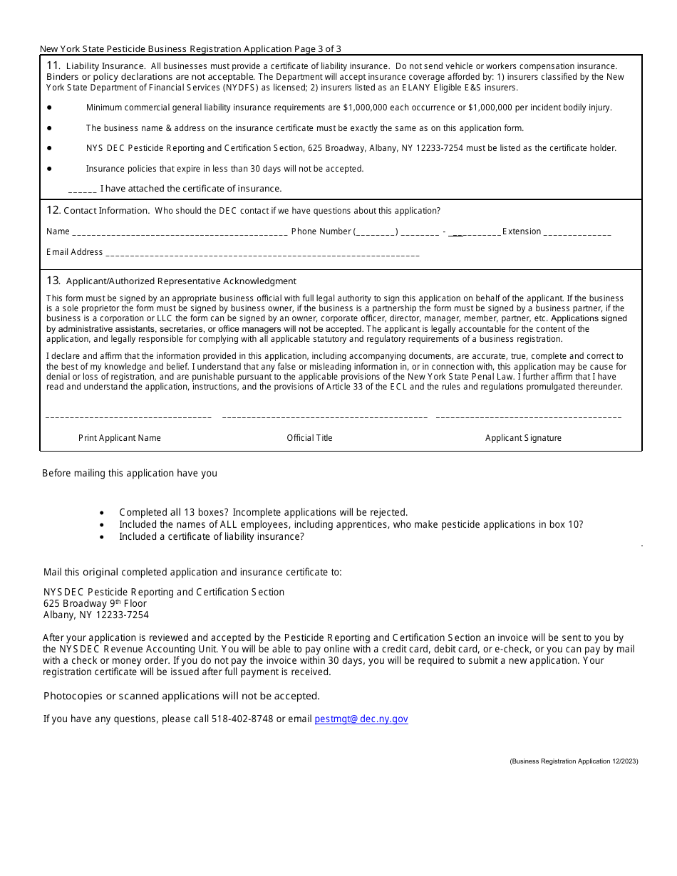 Pesticide Business Registration Application - New York, Page 3